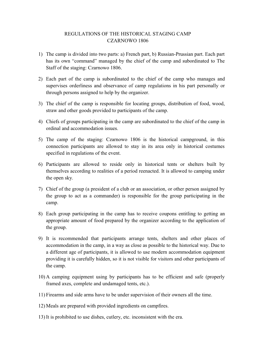 Regulations of the Historical Staging Camp