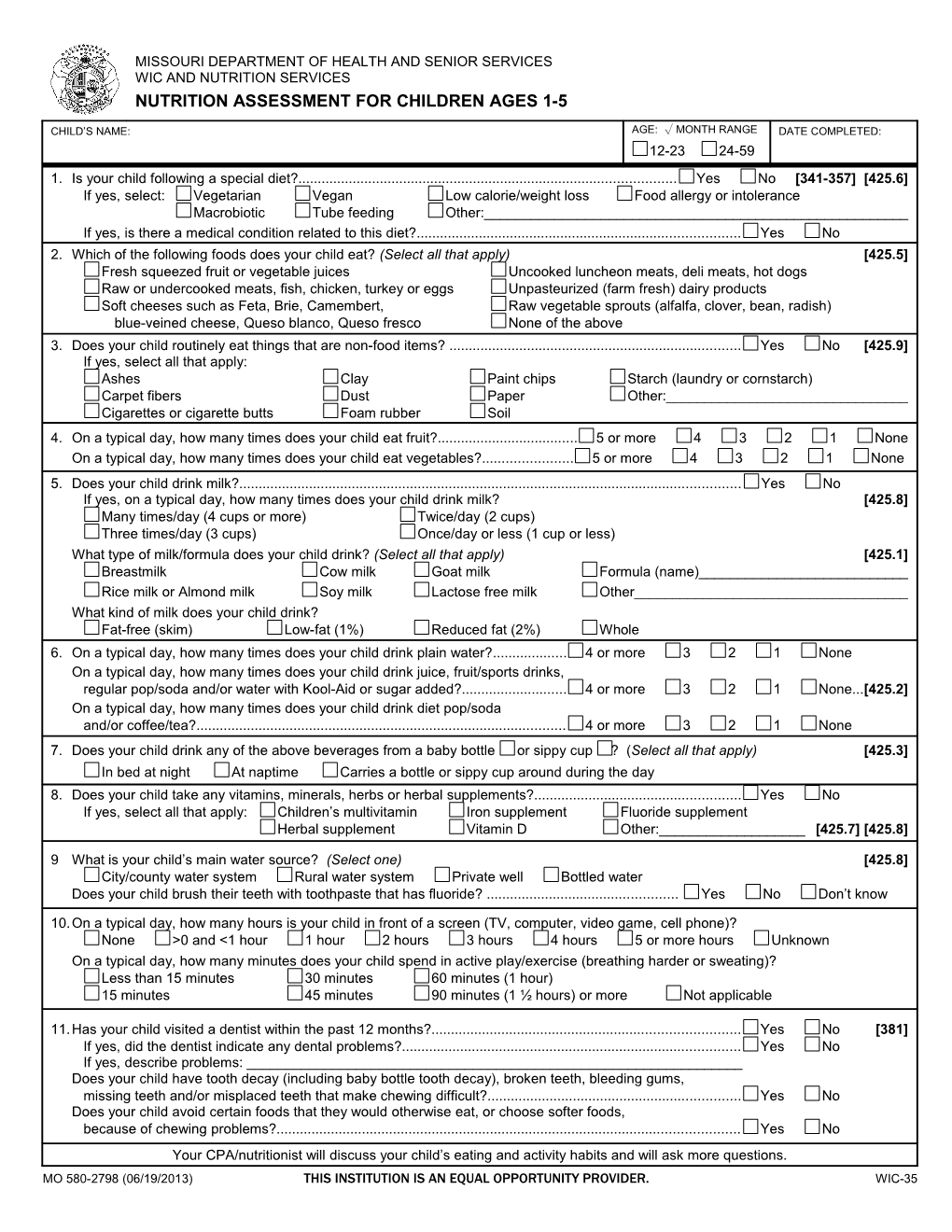 Nutrition Assessment for Children Ages 1-5