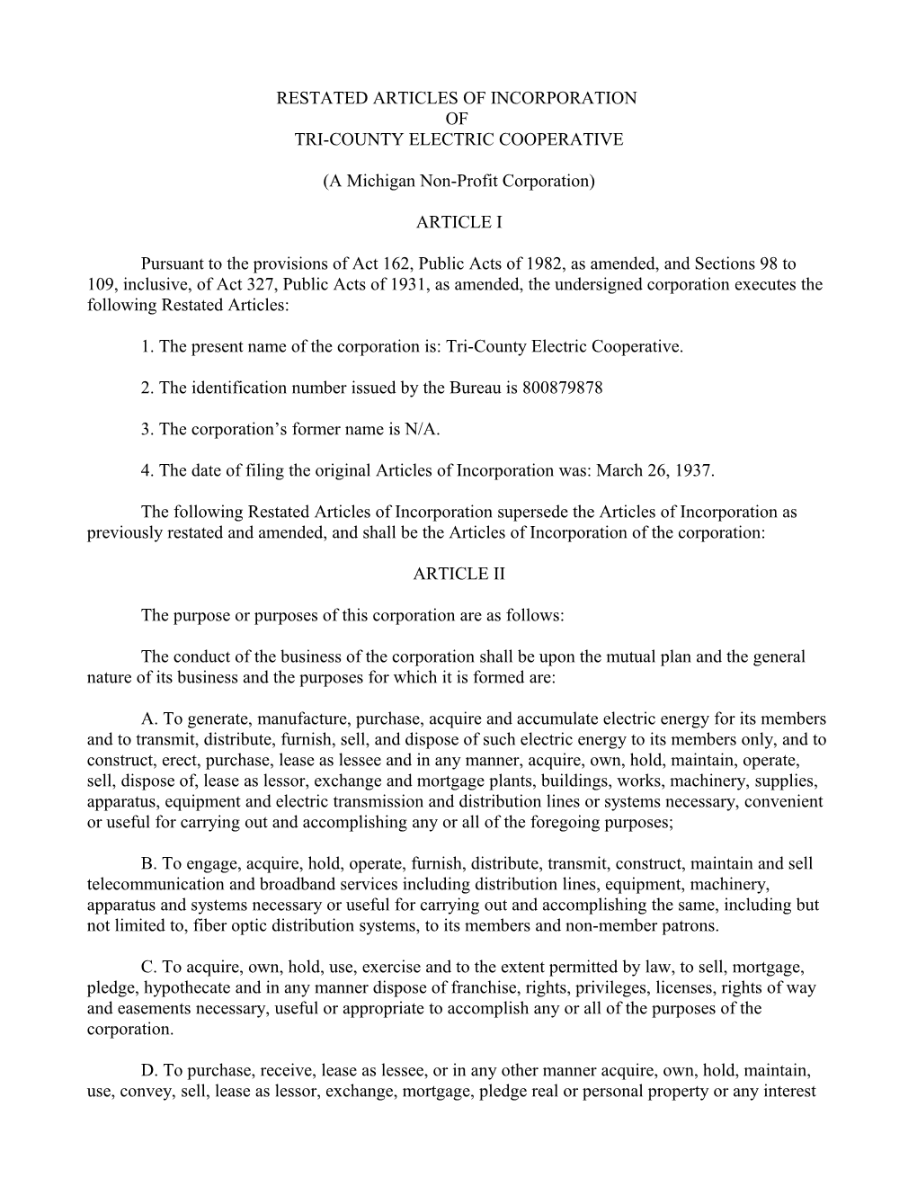 Articles of Incorporation of Tri-County Electric Ooperative
