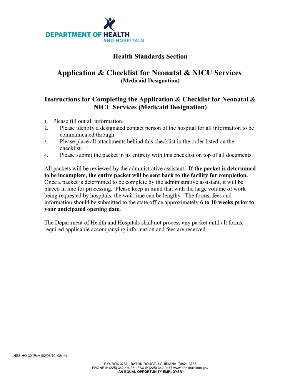 Application & Checklist for Neonatal & NICU Services (Medicaid Designation)