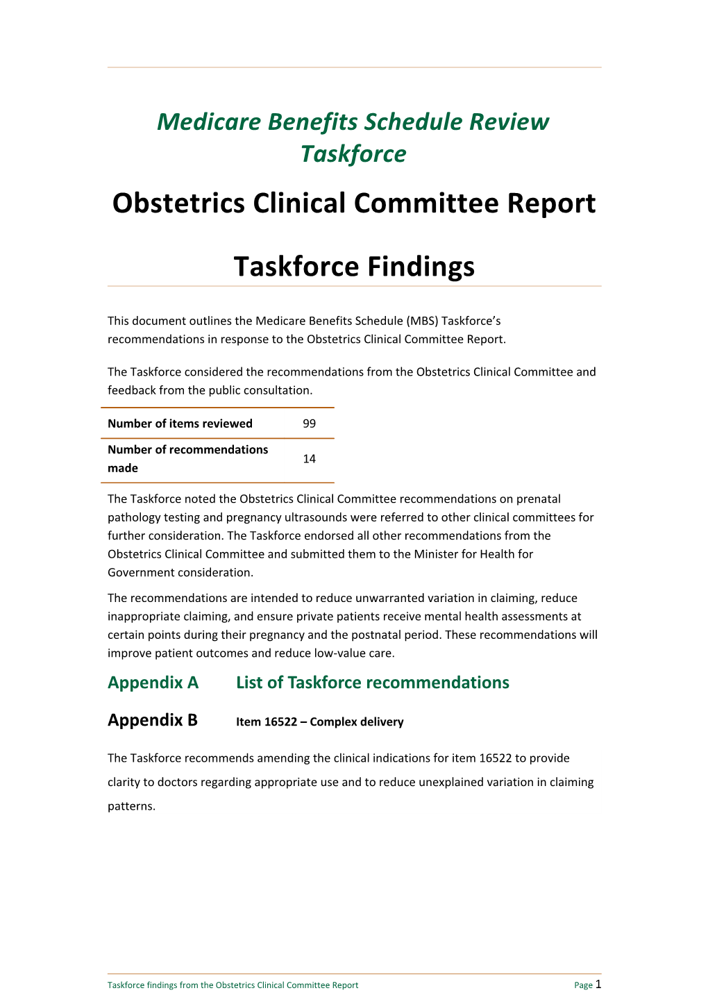 Obstetrics Clinical Committee Report Taskforce Findings