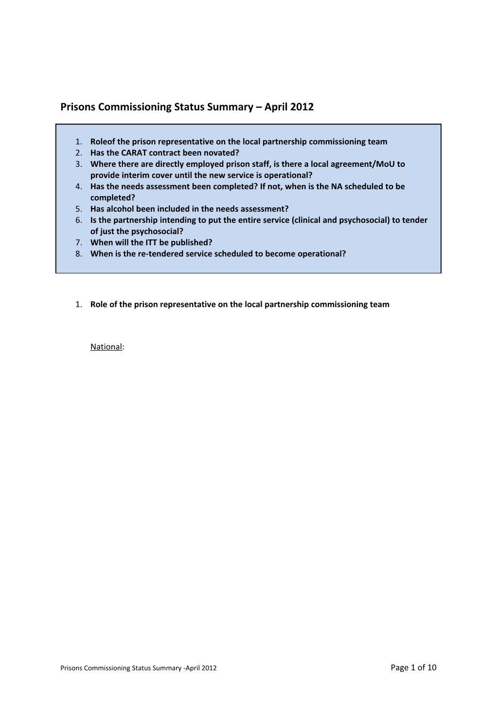 Prisons Commissioning Status Summary April 2012