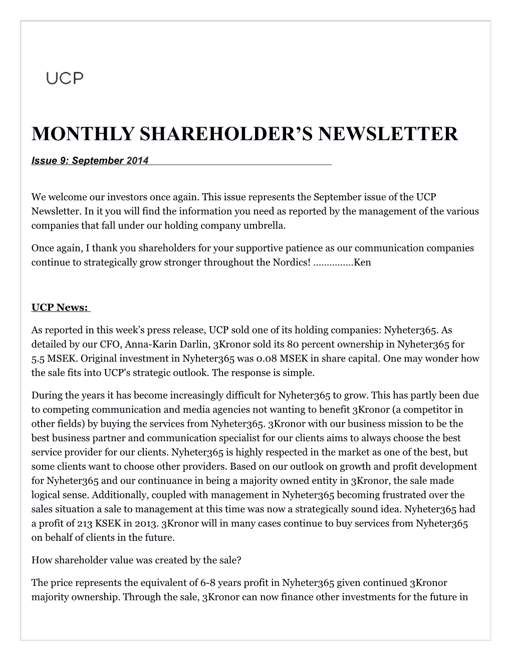 Monthly Shareholder S Newsletter