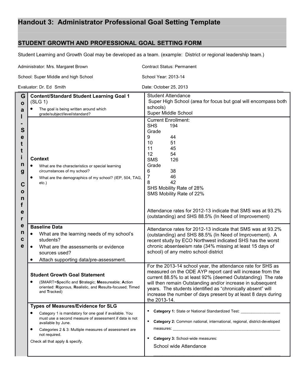 Student Growth and Professional Goal Setting Form