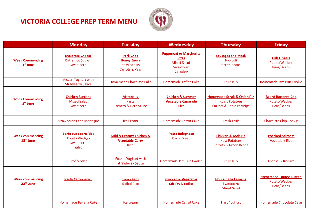 Victoria College Prep Term Menu