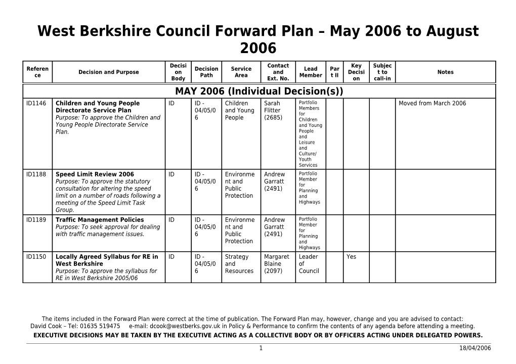 Executive Forward Plan November 2001