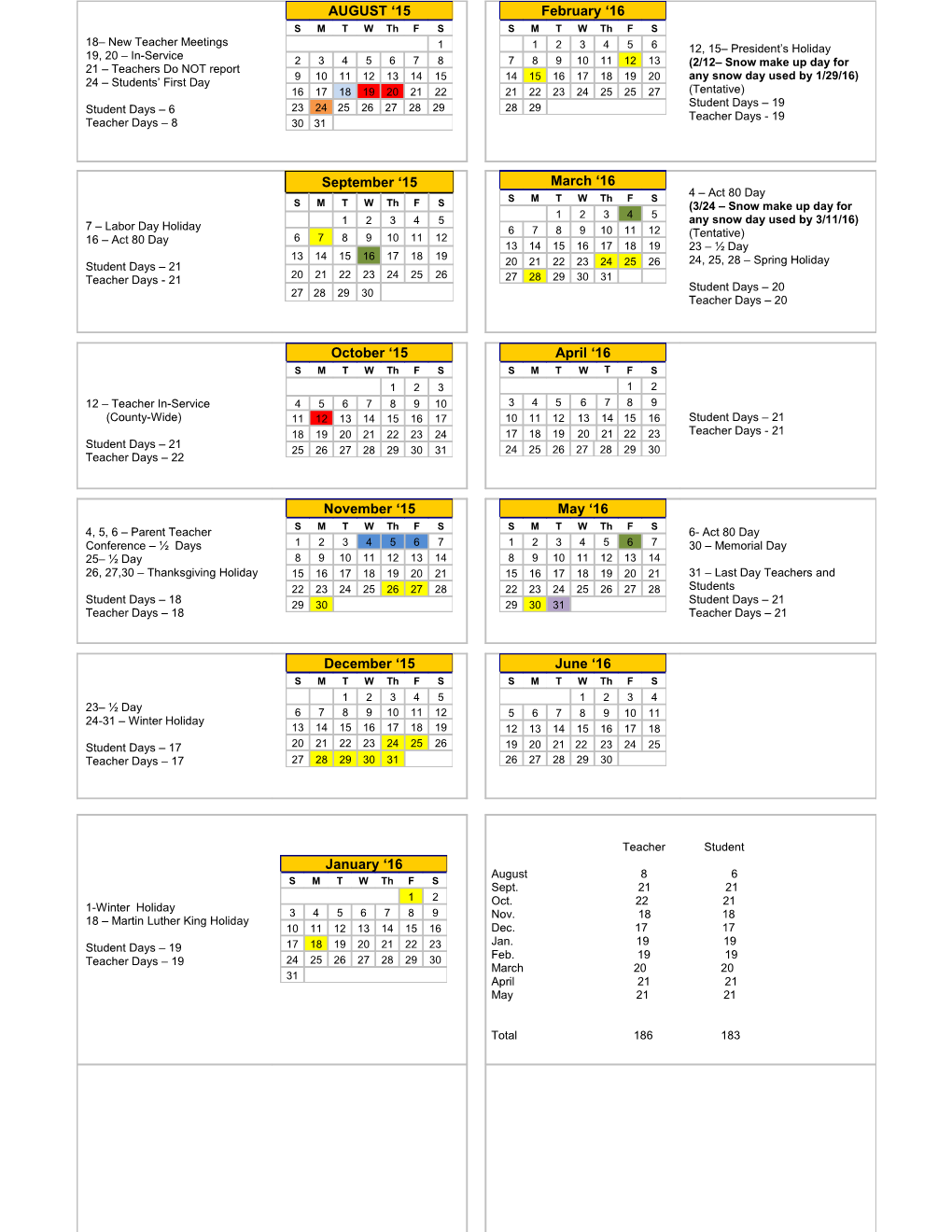 Panther Valley 2015-2016 School Calendar