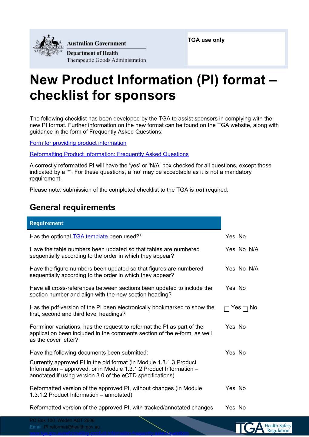 New Product Information (PI) Format Checklist for Sponsors