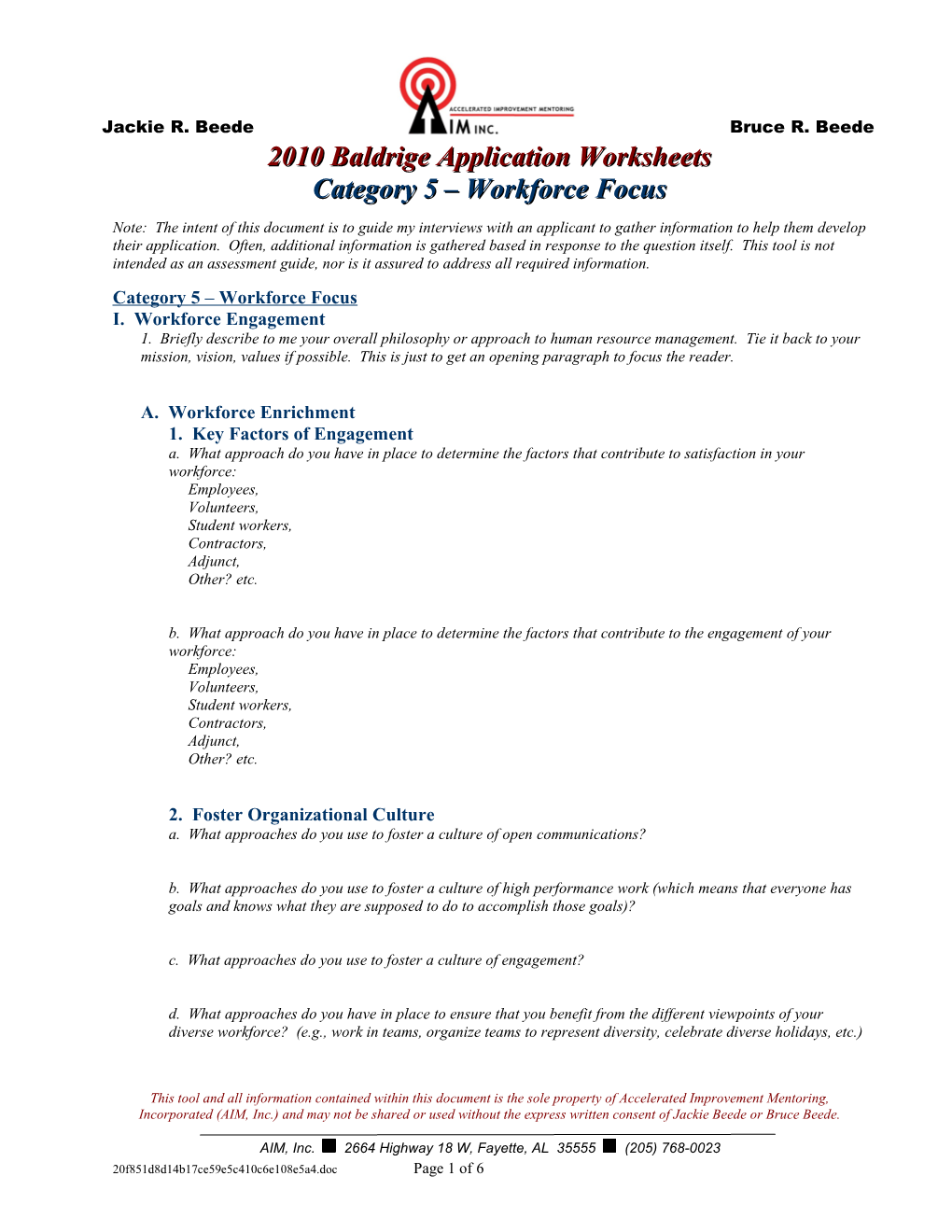 2010 Baldrige Application Worksheets
