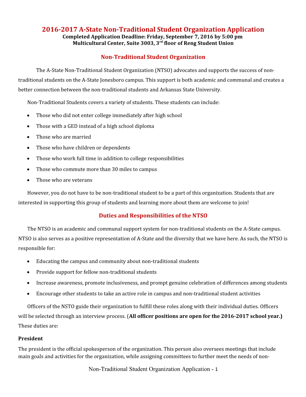 2016-2017 A-State Non-Traditional Student Organization Application