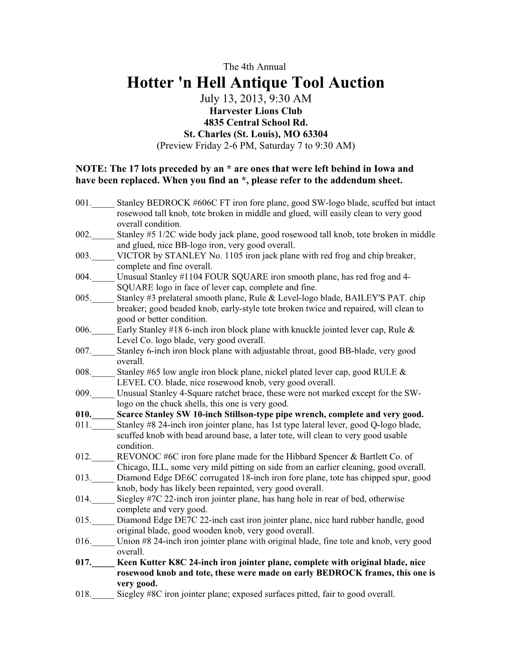 Hotter 'N Hell Antique Tool Auction