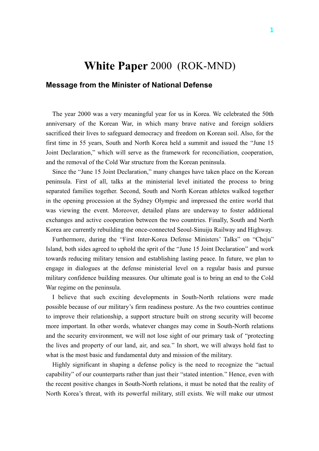 Message from the Minister of National Defense