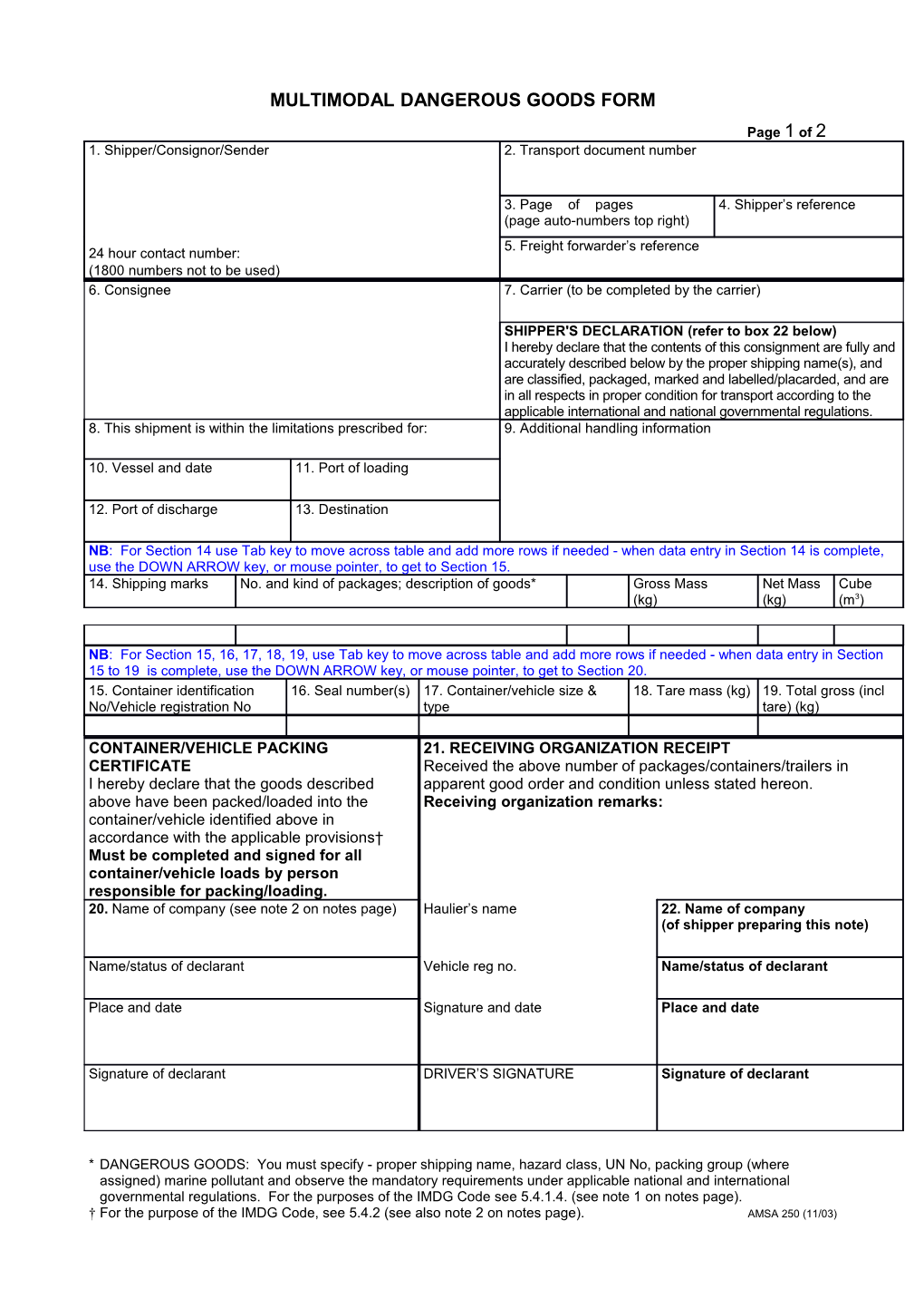 AMSA250 Multimodal Dangerous Goods Form