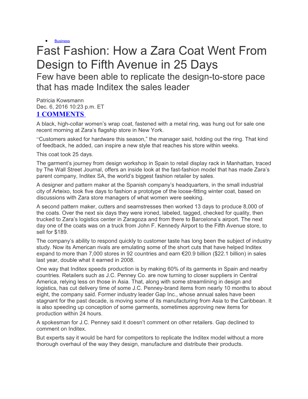 Fast Fashion: How a Zara Coat Went from Design to Fifth Avenue in 25 Days