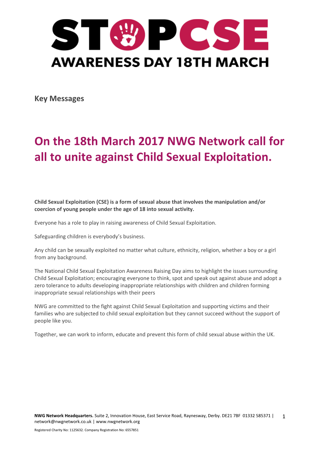 On the 18Th March 2017 NWG Network Call for All to Unite Against Child Sexual Exploitation