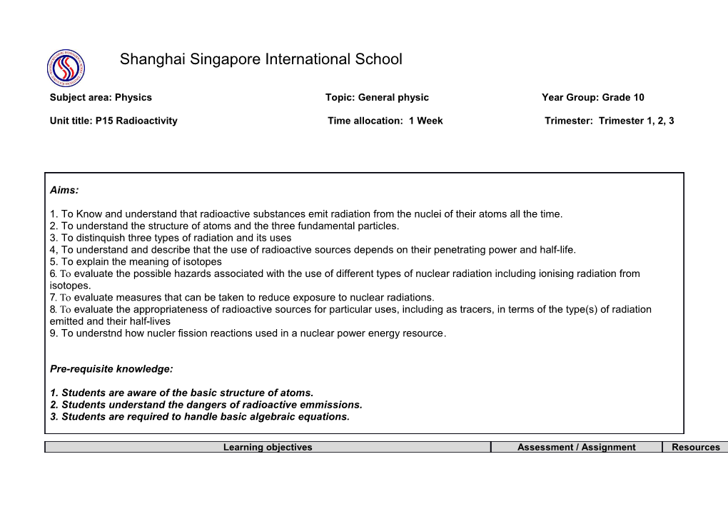Unit Title: P15 Radioactivity Time Allocation: 1 Week Trimester: Trimester 1, 2, 3