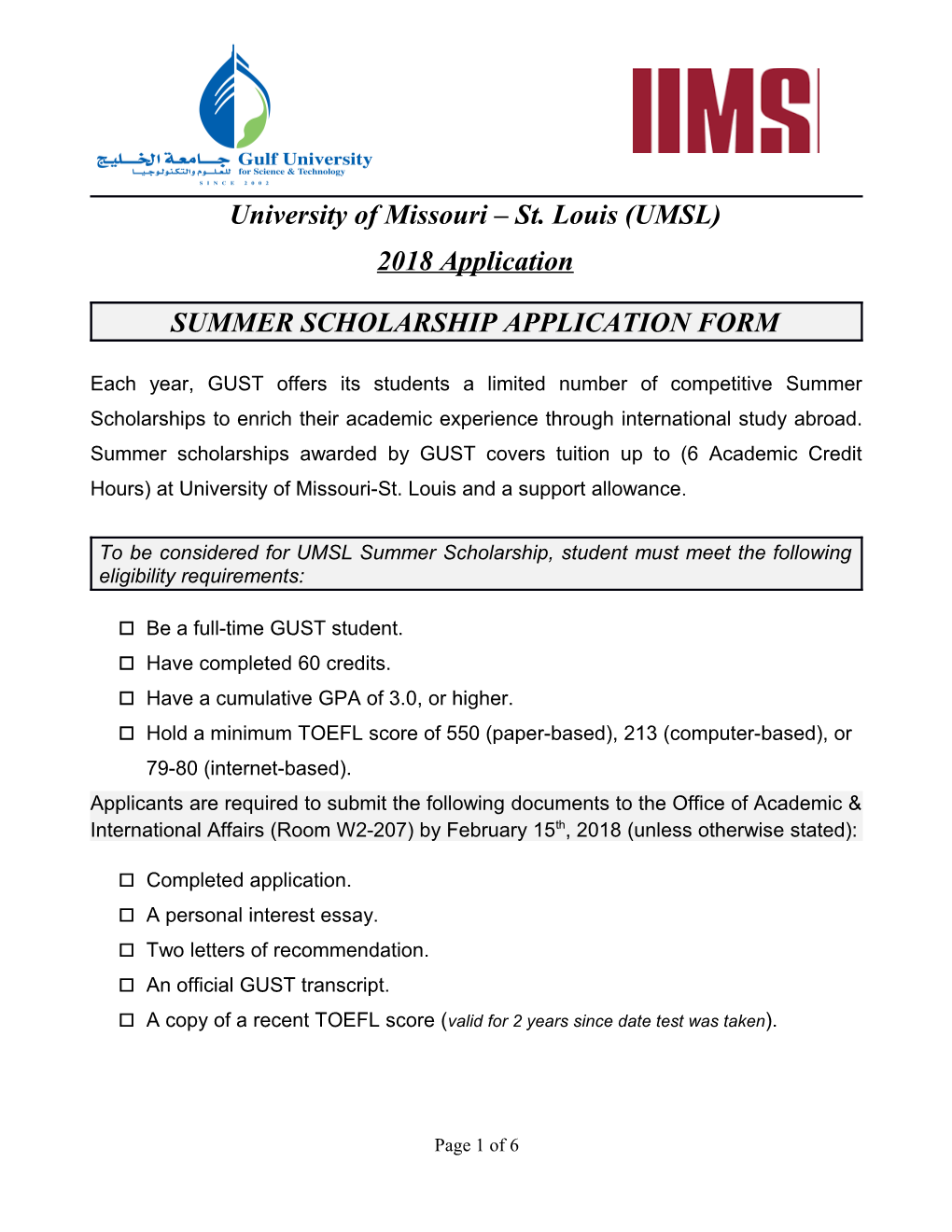 2006 Summer Scholarship Application Form