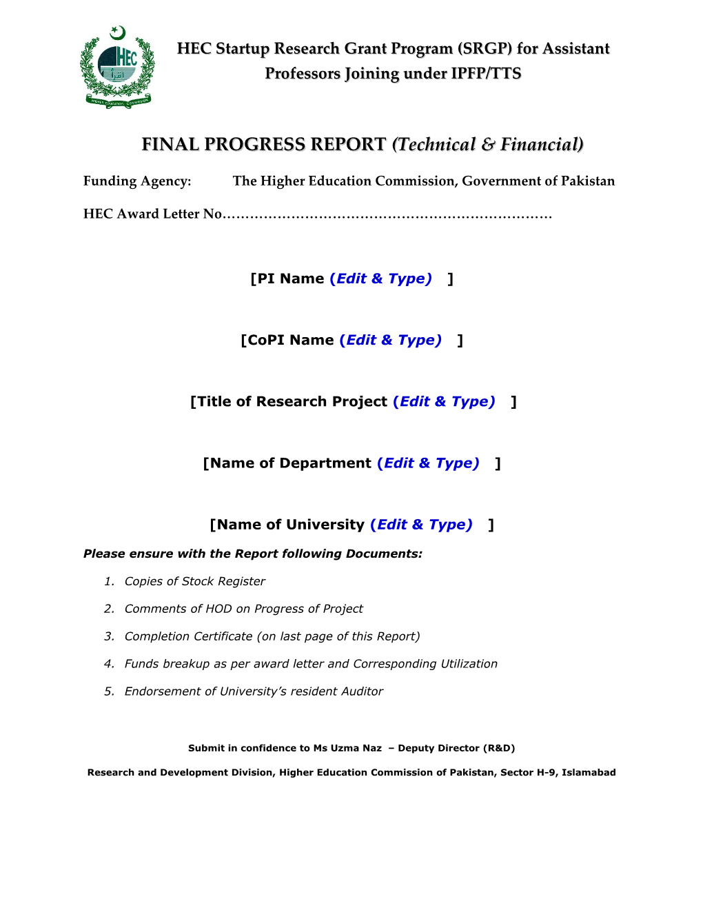 FINAL PROGRESS REPORT (Technical & Financial)