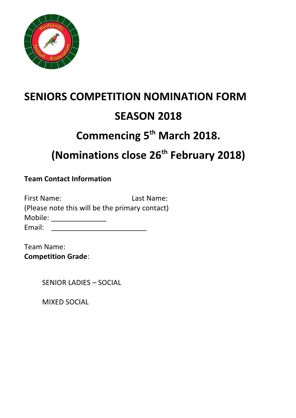 Seniors Competition Nomination Form