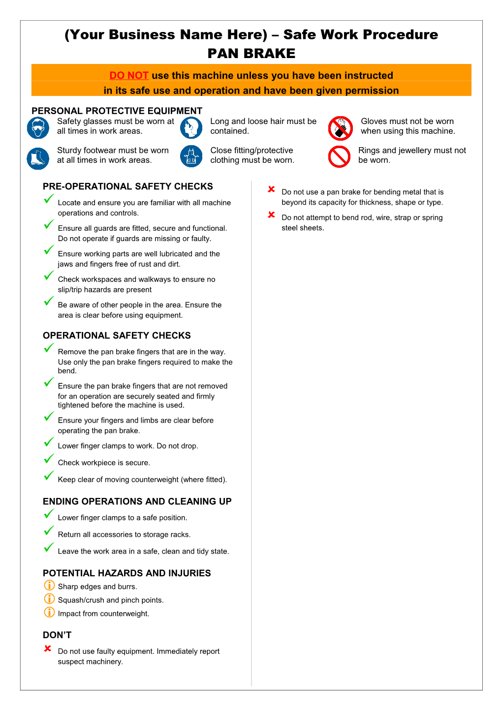 Safety Operating Procedures - Pan Brake