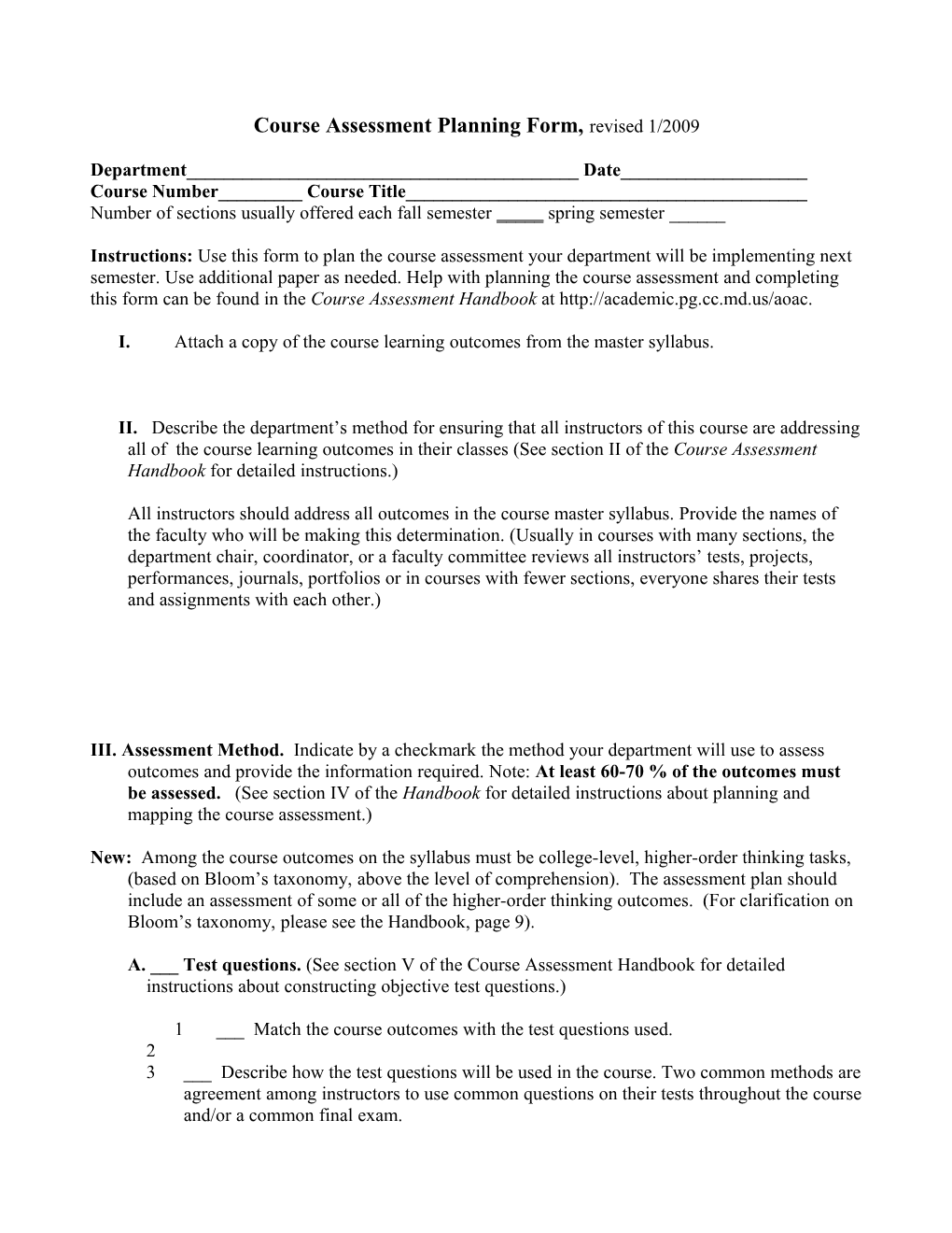 Course Assessment Planning Form, Revised Draft11/21/2002 s1