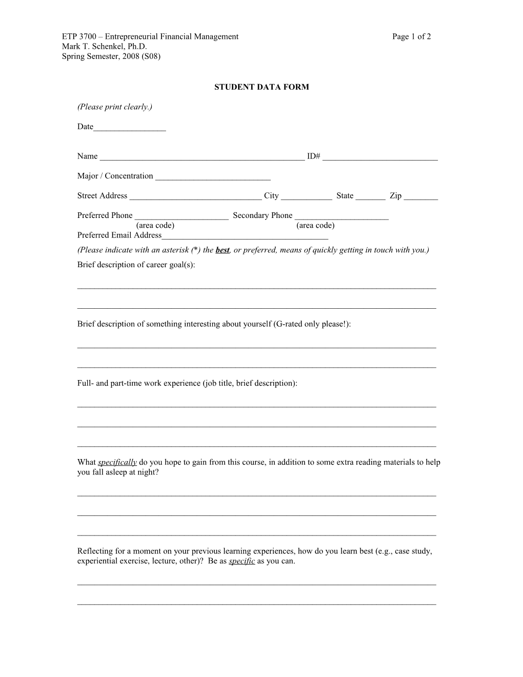 Student Data Form