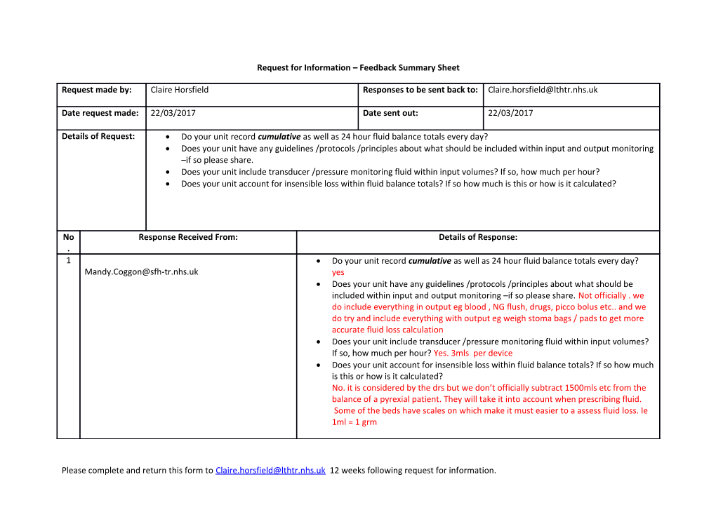 Request for Information Feedback Summary Sheet