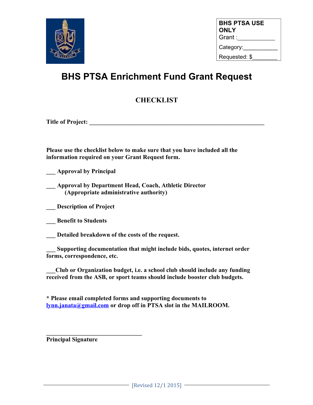 BHS PTSA Enrichment Fund Grant Request