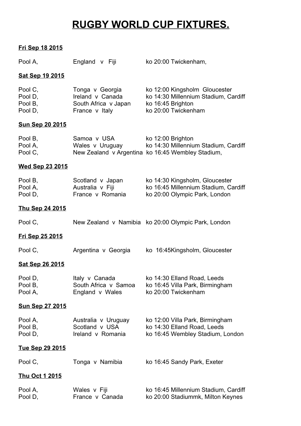Rugby World Cup Fixtures
