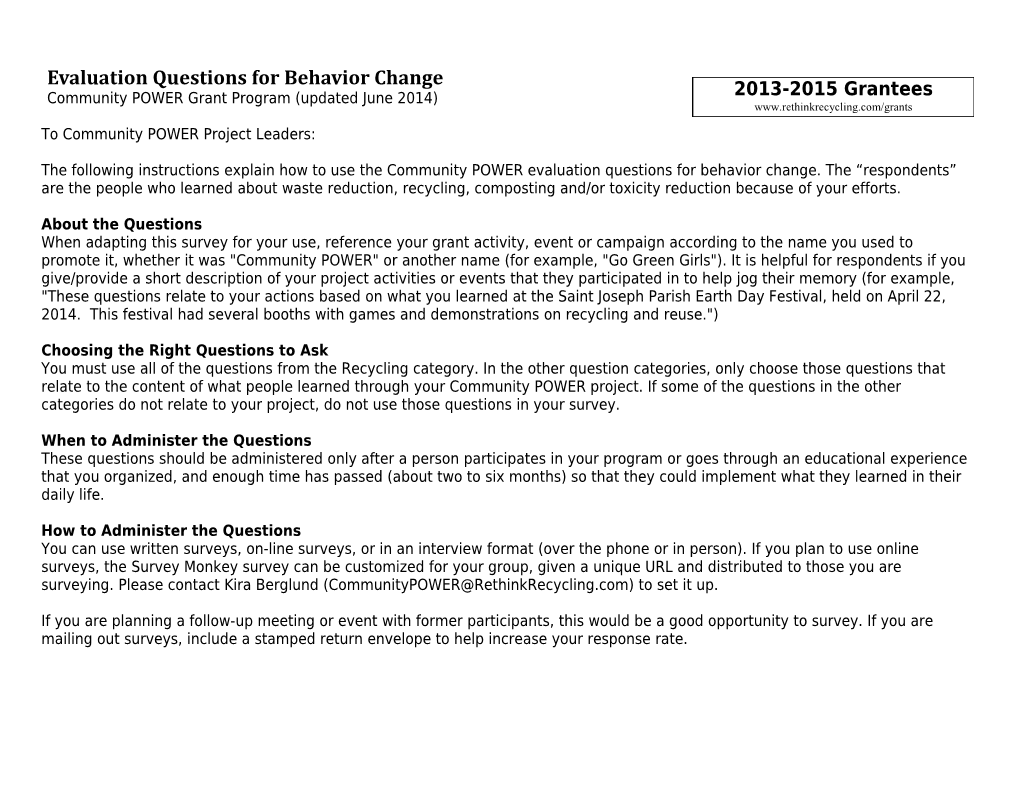 Evaluation Questions for Behavior Change