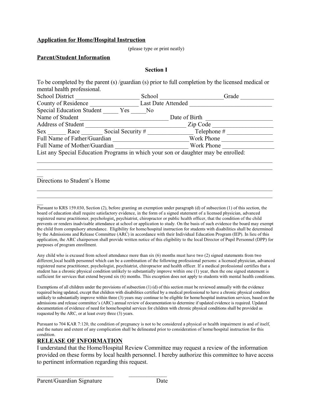 Application for Home/Hospital Instruction