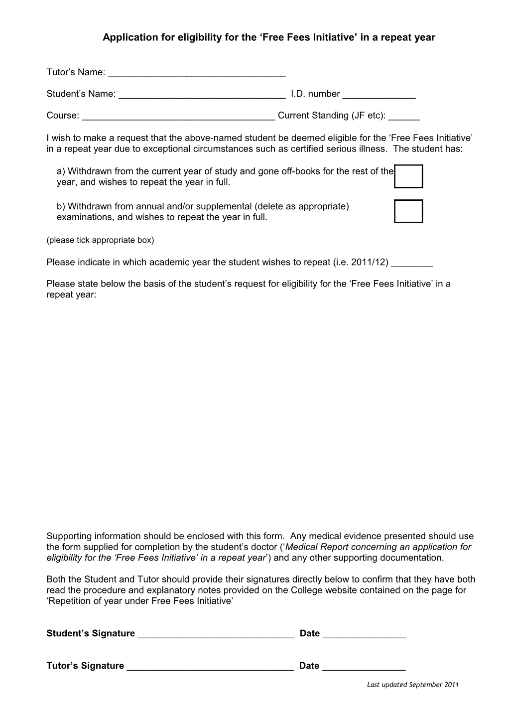 Application for Eligibility for the Free Fees Initiative in a Repeat Year