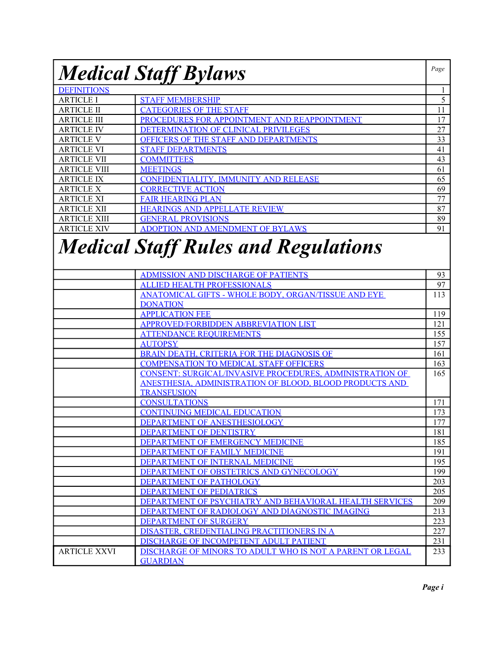Medical Staff Bylaws - Table of Contents