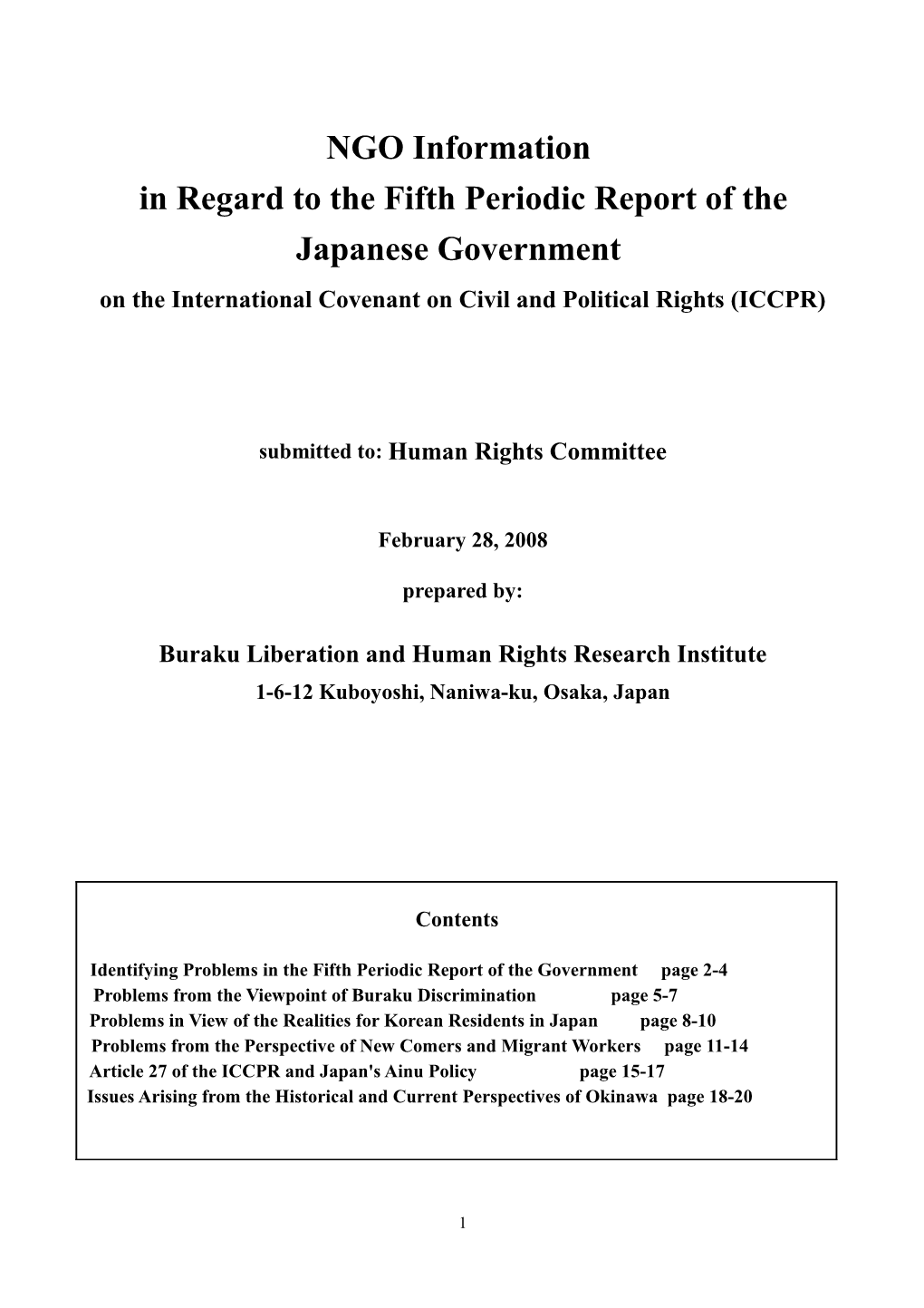 In Regard to the Fifth Periodic Report of the Japanese Government