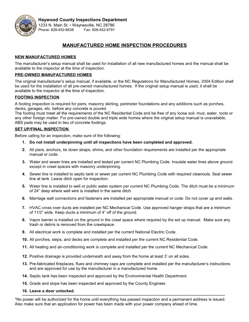 Manufactured Home Inspections Procedures