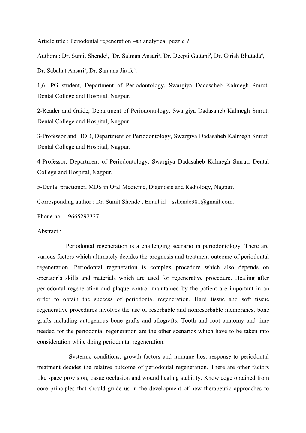 Article Title : Periodontal Regeneration an Analytical Puzzle ?