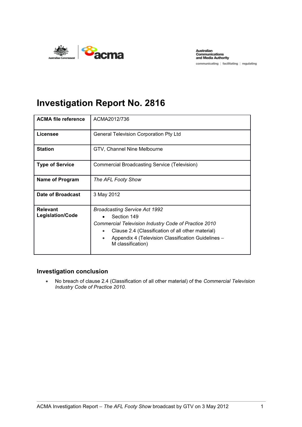 GTV Melbourne - ACMA Investigation Report 2816