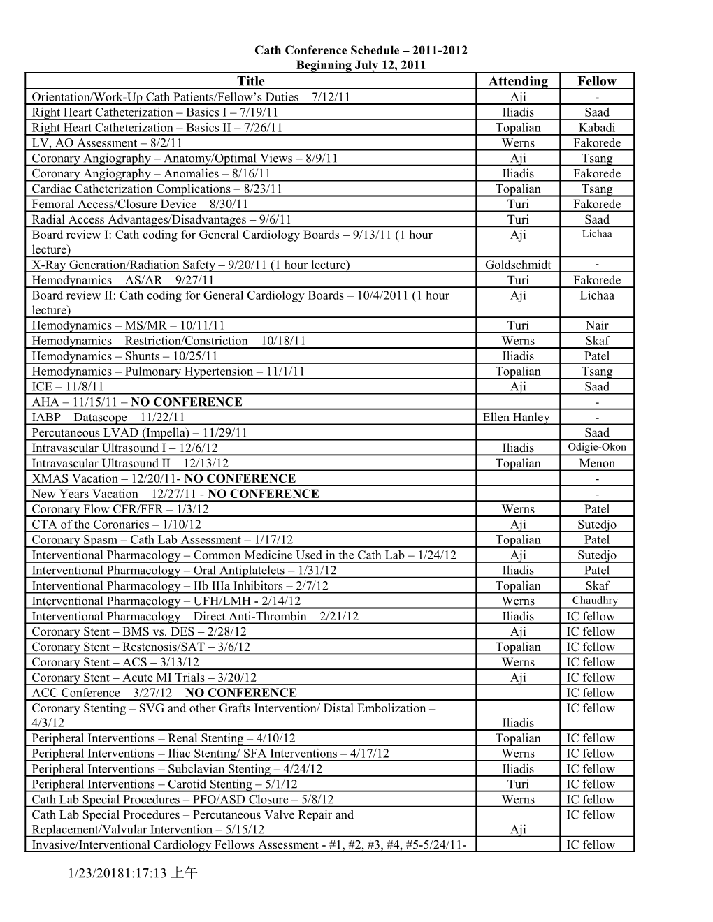 Cath Conference Schedule 2009-2010