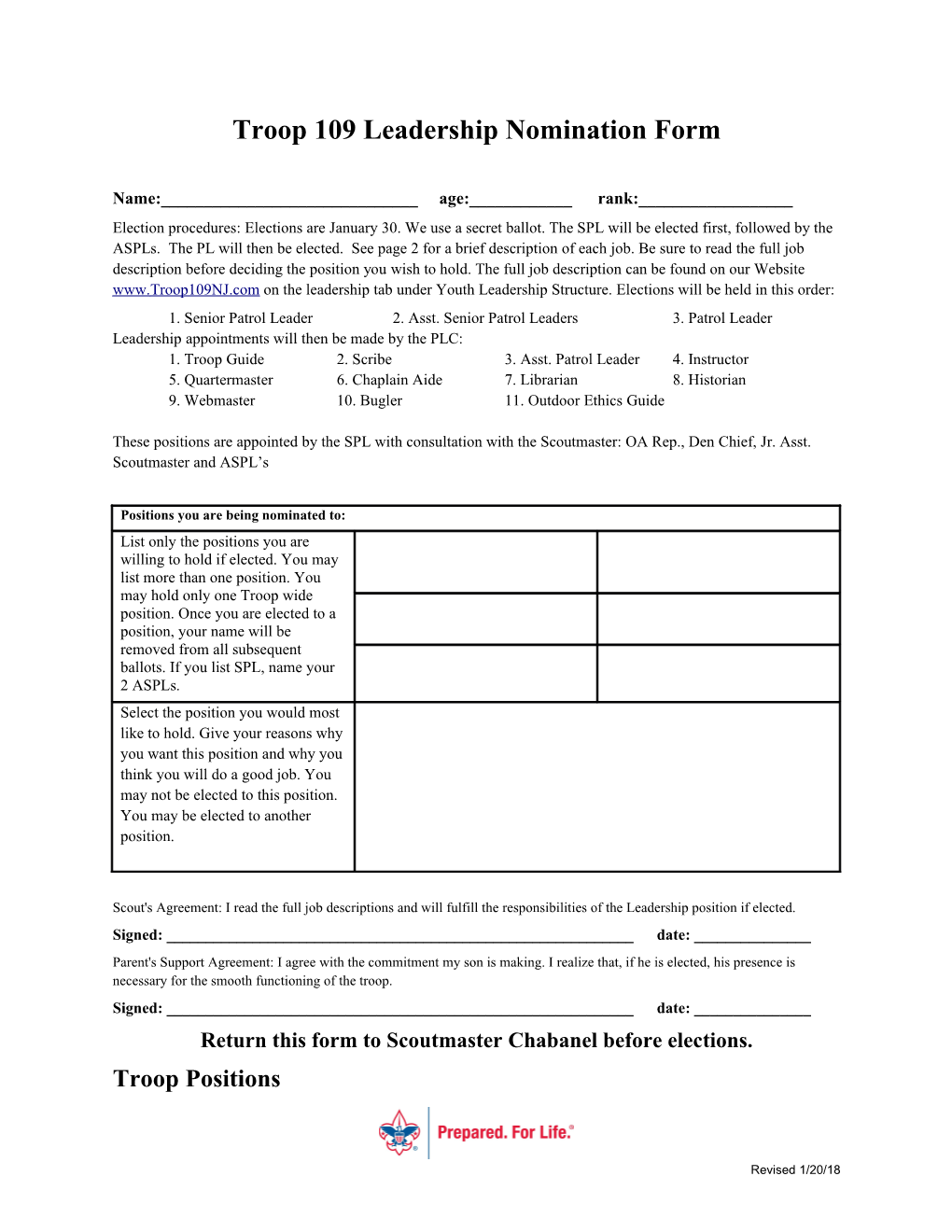 Troop 109 Leadership Nomination Form