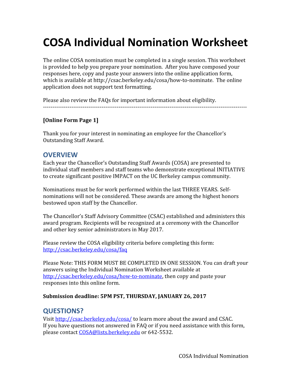 COSA Individual Nomination Worksheet