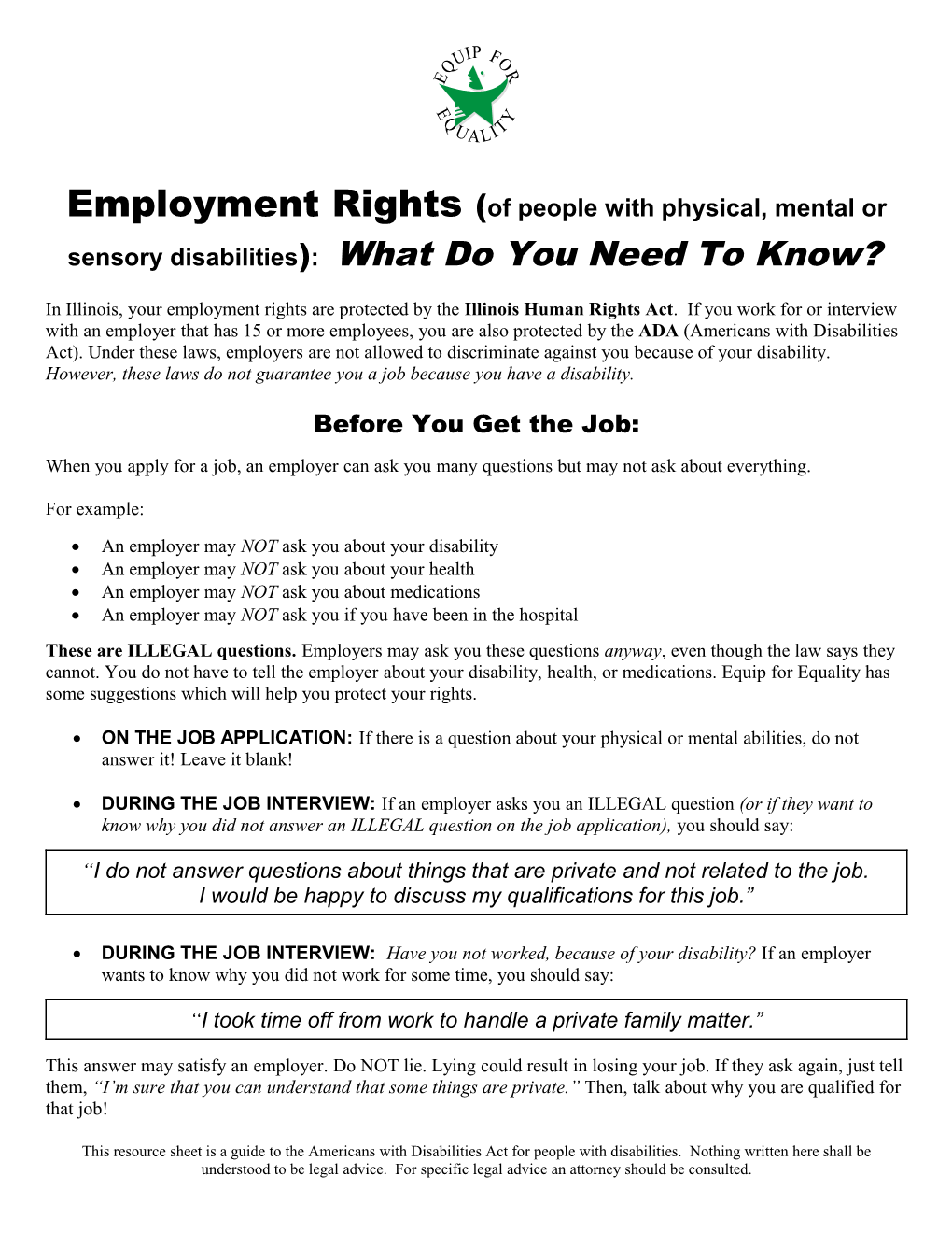 Employment Rights: What Do People with Physical Or Mental Disabilities Need to Know