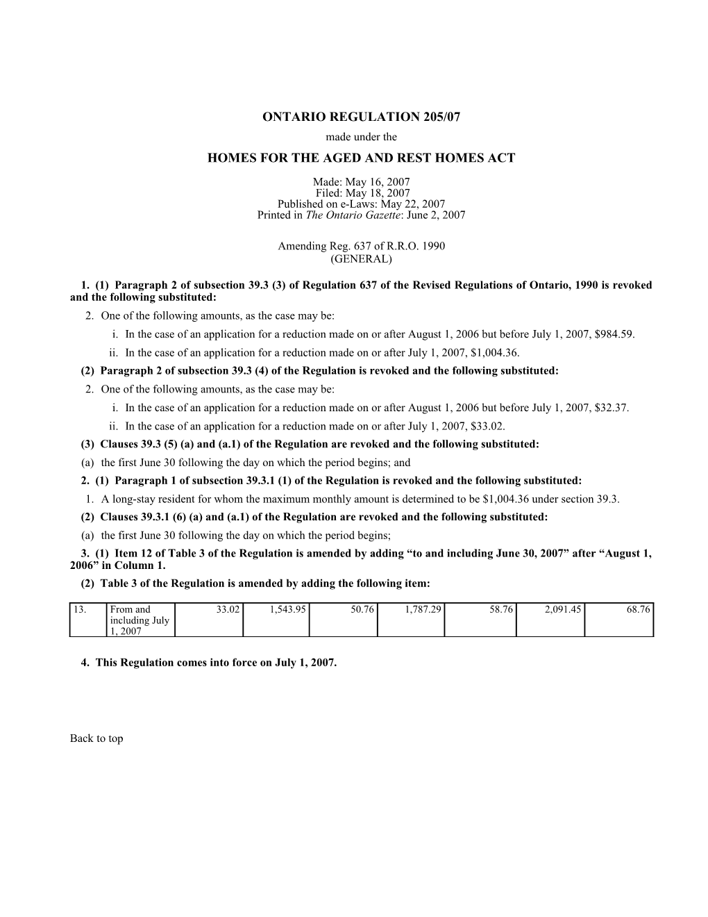 HOMES for the AGED and REST HOMES ACT - O. Reg. 205/07