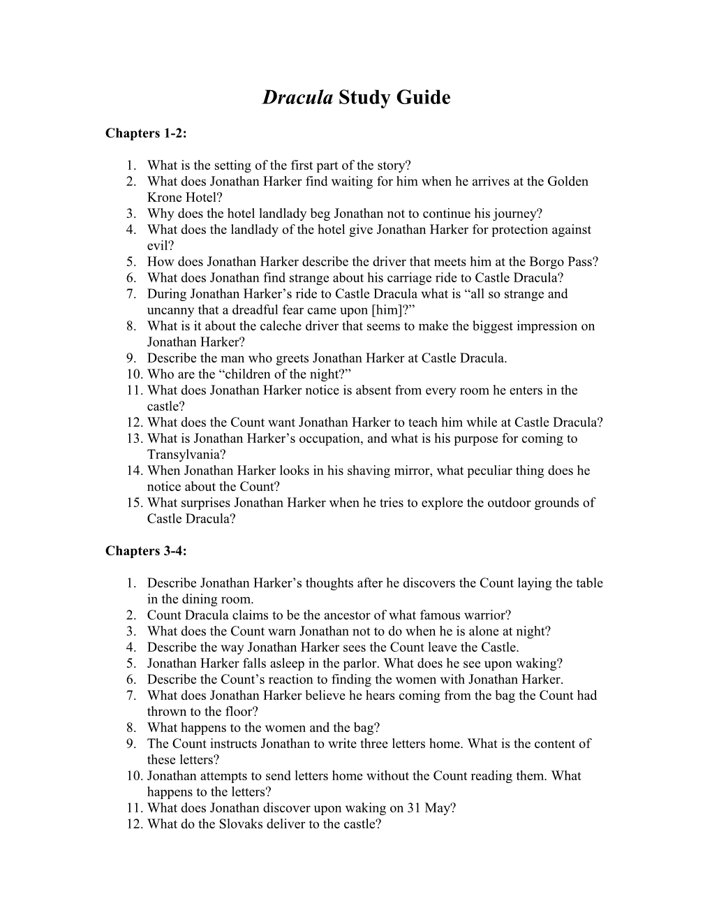 Dracula Study Guide