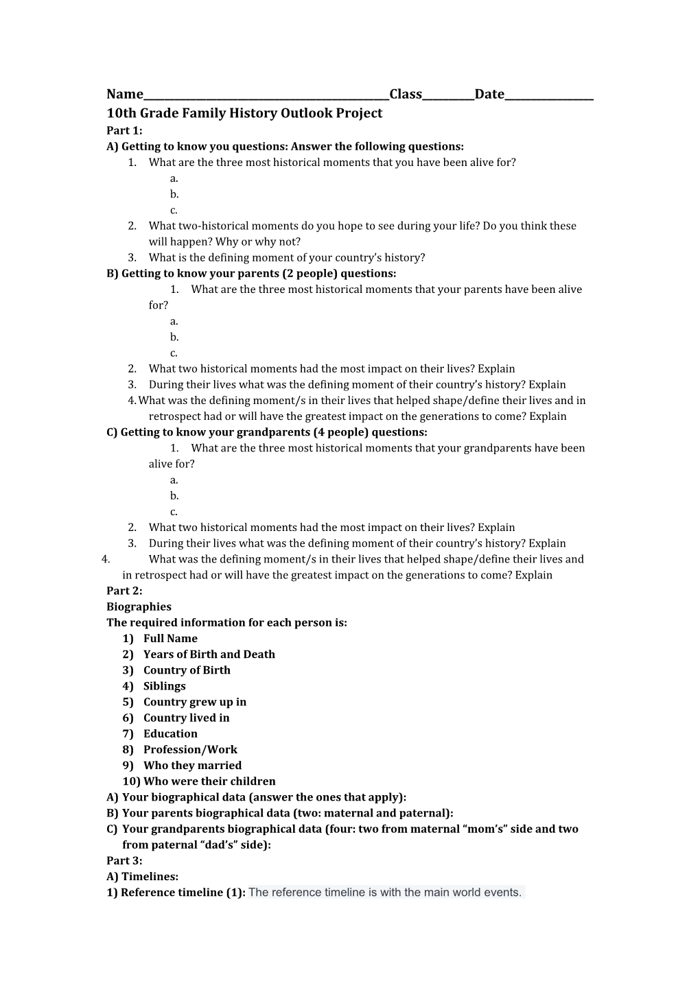 10Th Grade Family History Outlook Project