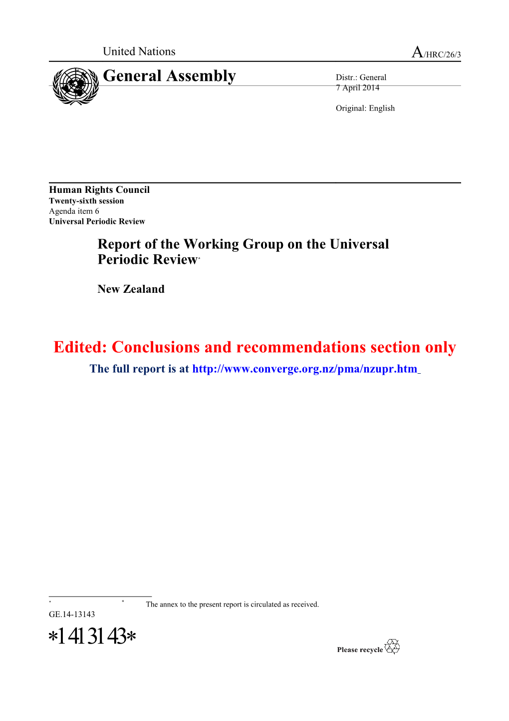 Report of the Working Group on the Universal Periodic Review, New Zealand in English