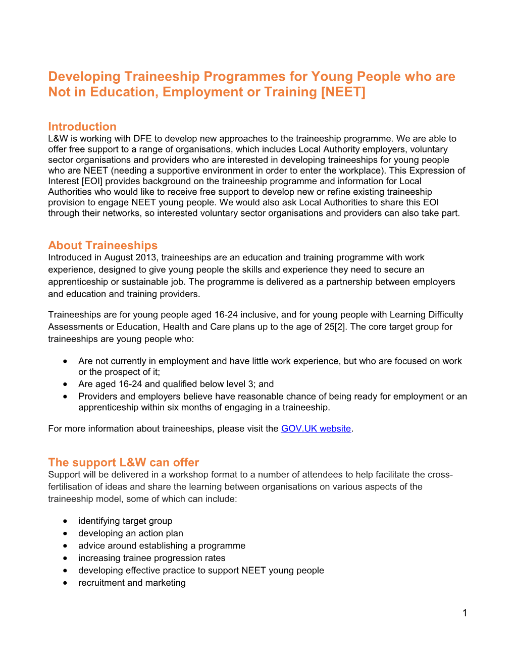 Developing Traineeship Programmes for Young People Who Are Not in Education, Employment