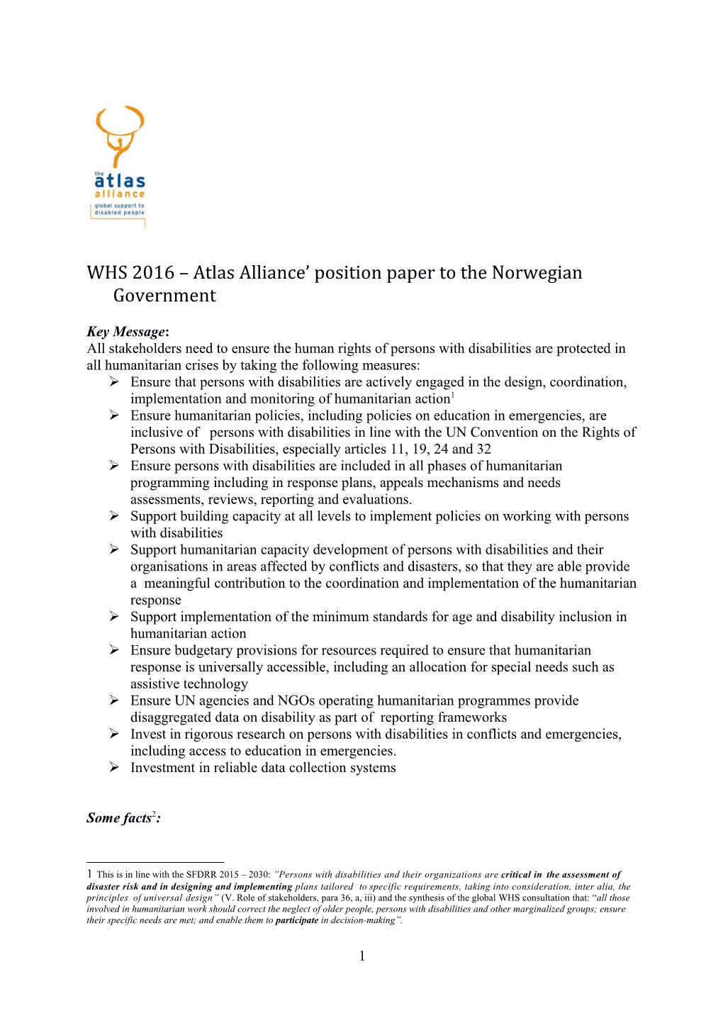 WHS 2016 Atlas Alliance Position Paper to the Norwegian Government