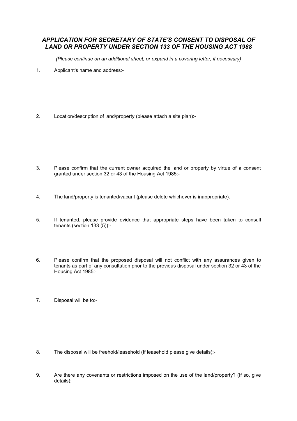 Application for Secretary of State's Consent to Disposal of Land Or Property Under Section