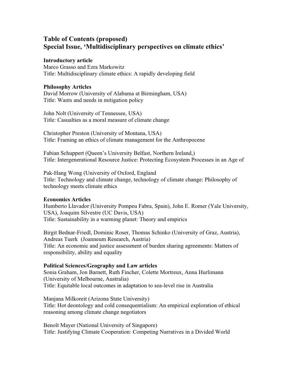 Special Issue, Multidisciplinary Perspectives on Climate Ethics