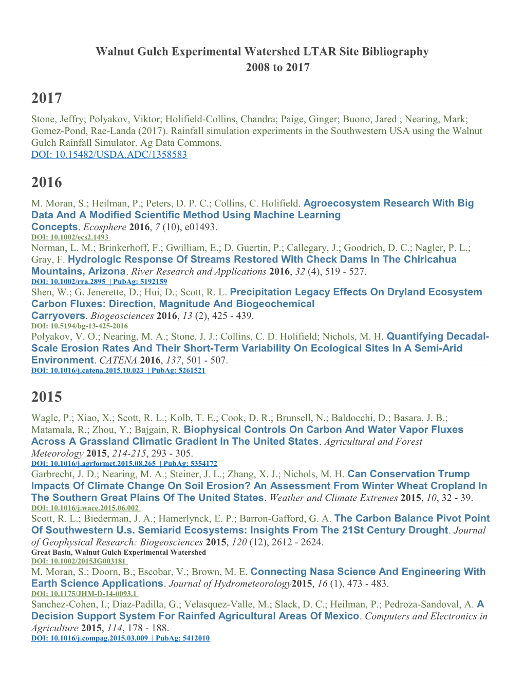 Walnut Gulch Experimental Watershed LTAR Site Bibliography2008 to 2017